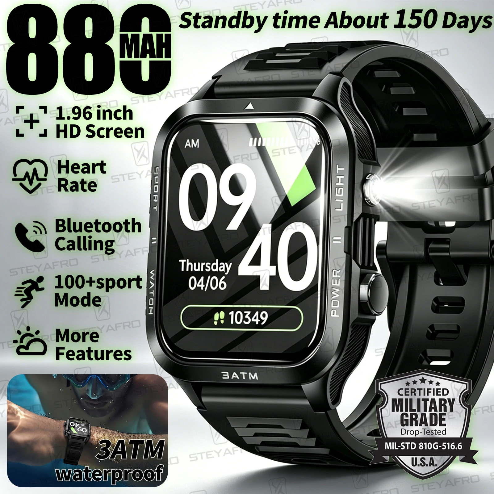 Smartwatch Professional Watches For Men - Military Grade SmartWatch Men LED Flashlight